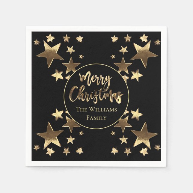 Black and Gold Look Star Pattern Elegant Christmas Napkin (Front)