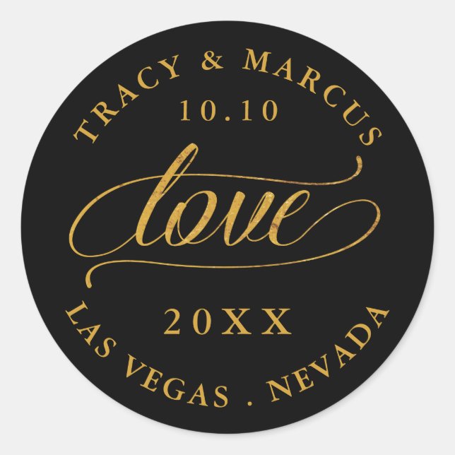 Black and Gold Love Wedding Save the Date Classic Round Sticker (Front)