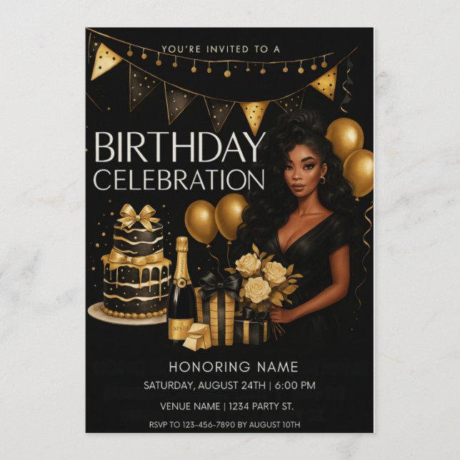Black and Gold Luxury Birthday Invitation (Front)