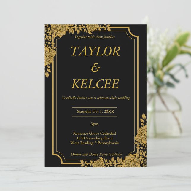 Black and Gold Luxury CUSTOMIZABLE Wedding Invitation (Standing Front)