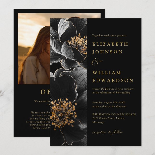 Black And Gold Luxury Floral Photo QR Code Wedding Invitation (Front/Back)