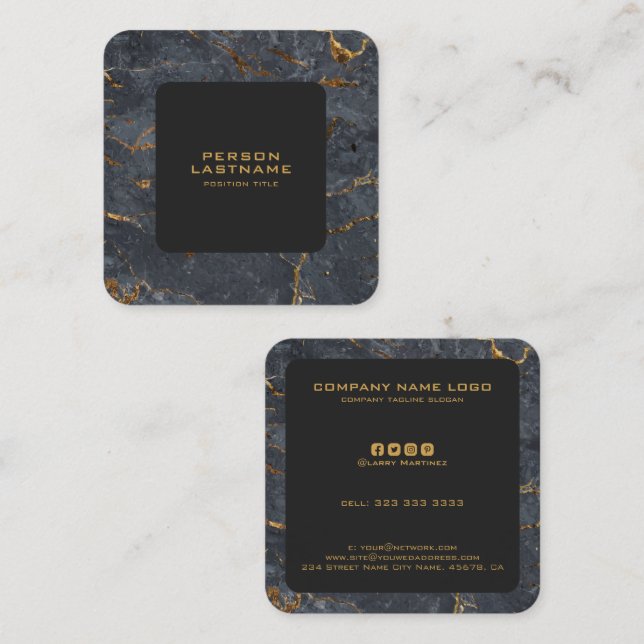 Black and gold luxury marble texture square business card (Front/Back)