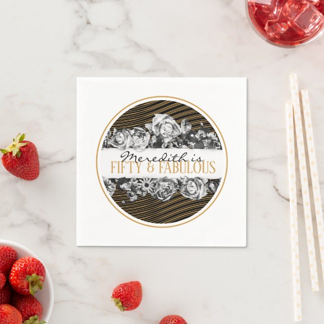 Black and Gold Luxury Personalised 50 And Fabulous Napkin (Insitu)