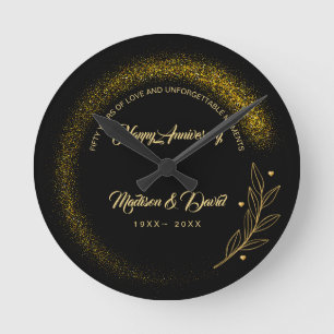Black and Gold Luxury Wedding Anniversary  Round Clock