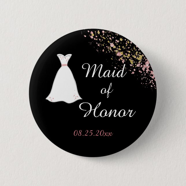 Black and Gold  Maid of Honour 6 Cm Round Badge (Front)