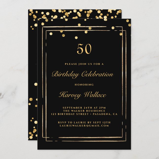 Black and Gold Man 50th Birthday Invitation (Front/Back)