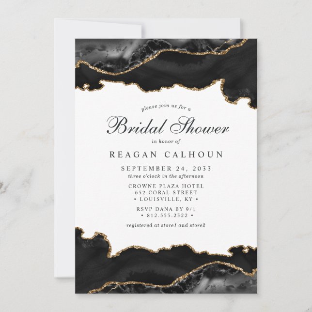 Black And Gold Marble Agate Modern Bridal Shower Invitation (Front)