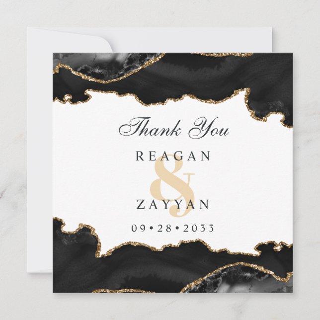 Black And Gold Marble Agate Modern Elegant Wedding Thank You Card (Front)