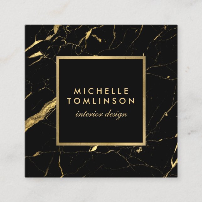 Black and Gold Marble Designer Square Business Card (Front)