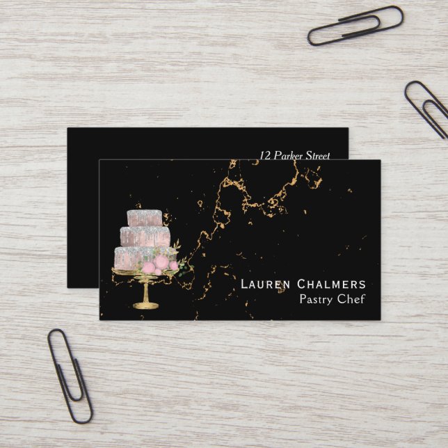 Black and Gold Marble Fancy Cake Pastry Chef Business Card (Front/Back In Situ)