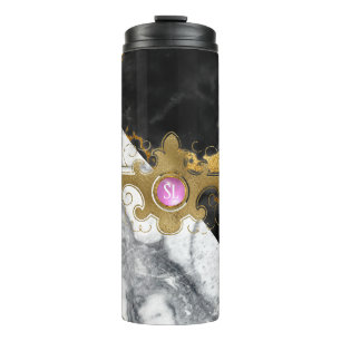 Black and Gold Marble Gemstone Monogram Thermal Tumbler