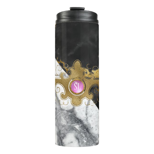 Black and Gold Marble Gemstone Monogram Thermal Tumbler (Front)