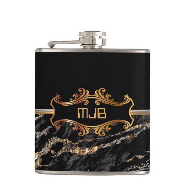 Black  and Gold Marble Hip Flask (Front)