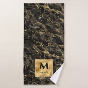Black and Gold Marble Monogram Elegant Luxury Bath Towel