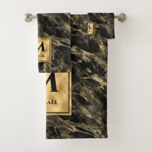 Black and Gold Marble Monogram Elegant Luxury Bath Towel Set