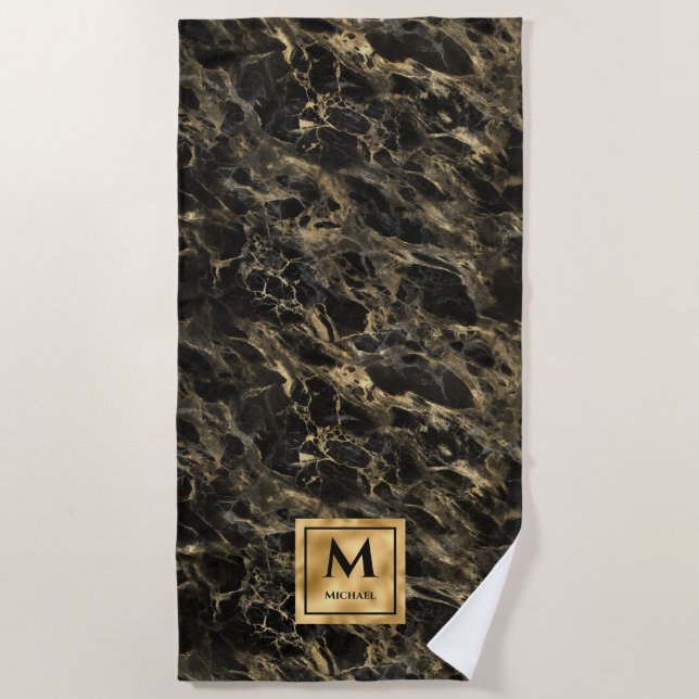 Black and Gold Marble Monogram Elegant Luxury Beach Towel (Front)