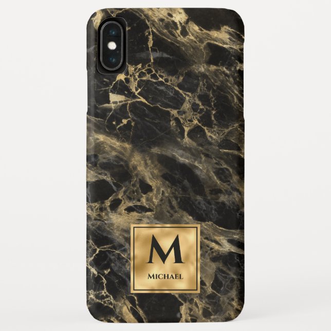 Black and Gold Marble Monogram Elegant Luxury Case-Mate iPhone Case (Back)
