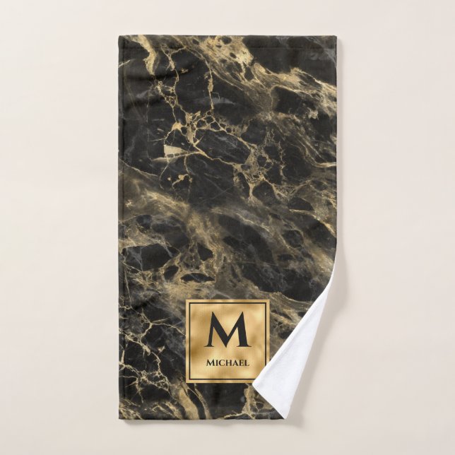 Black and Gold Marble Monogram Elegant Luxury Hand Towel (Hand Towel)