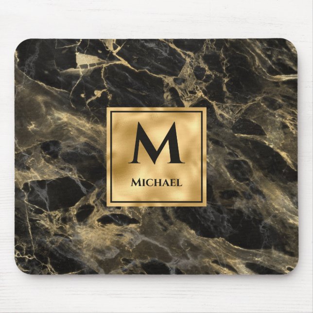 Black and Gold Marble Monogram Elegant Luxury Mouse Mat (Front)
