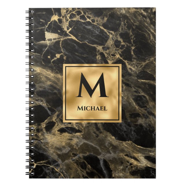 Black and Gold Marble Monogram Elegant Luxury  Notebook (Front)