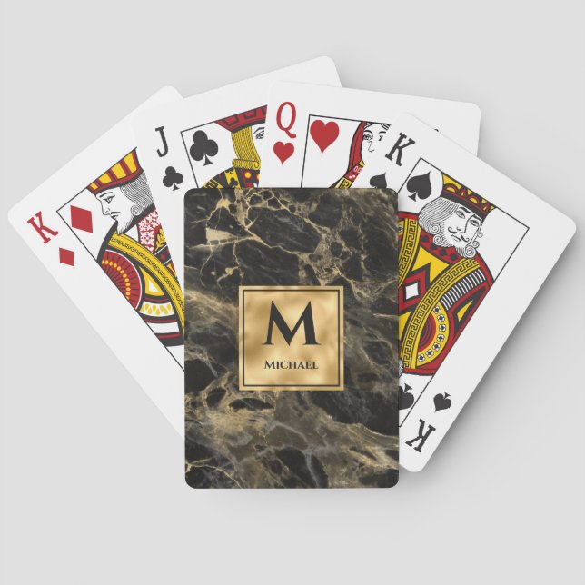 Black and Gold Marble Monogram Elegant Luxury Playing Cards (Back)