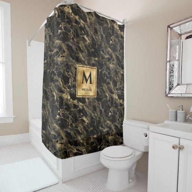Black and Gold Marble Monogram Elegant Luxury Shower Curtain (In Situ)