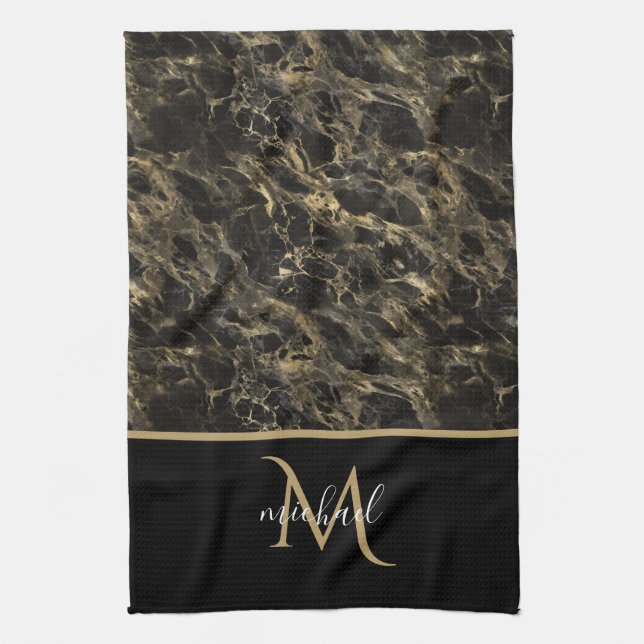 Black and Gold Marble Monogram Elegant Luxury Tea Towel (Vertical)