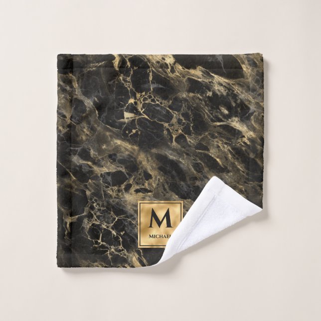 Black and Gold Marble Monogram Elegant Luxury Wash Cloth (Wash Cloth)