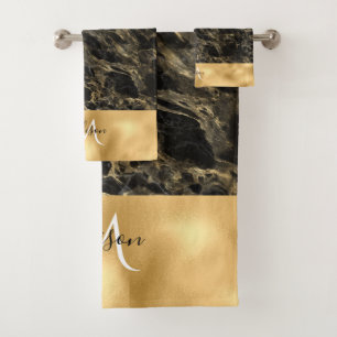 Black and Gold Marble Monogram Shower Curtain Bath Bath Towel Set