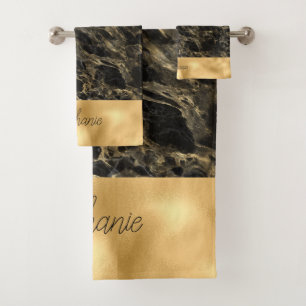 Black and Gold Marble Monogram Shower Curtain Bath Towel Set