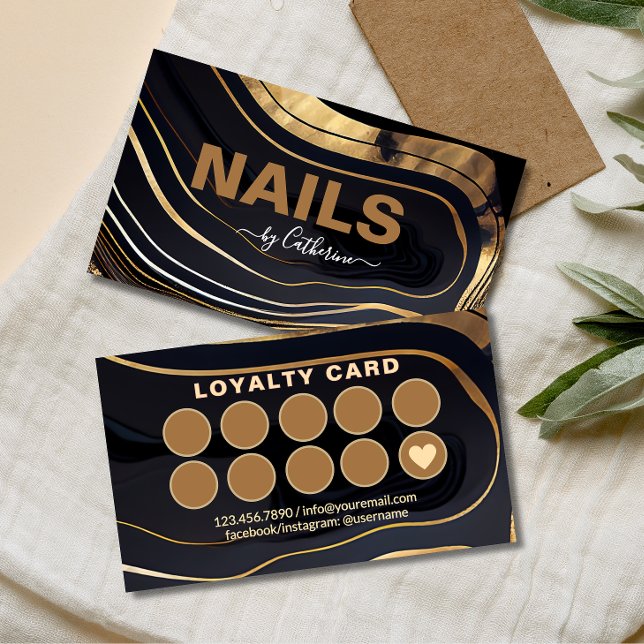  Black and Gold Marble nail salon Manicurist  Loyalty Card (Creator Uploaded)