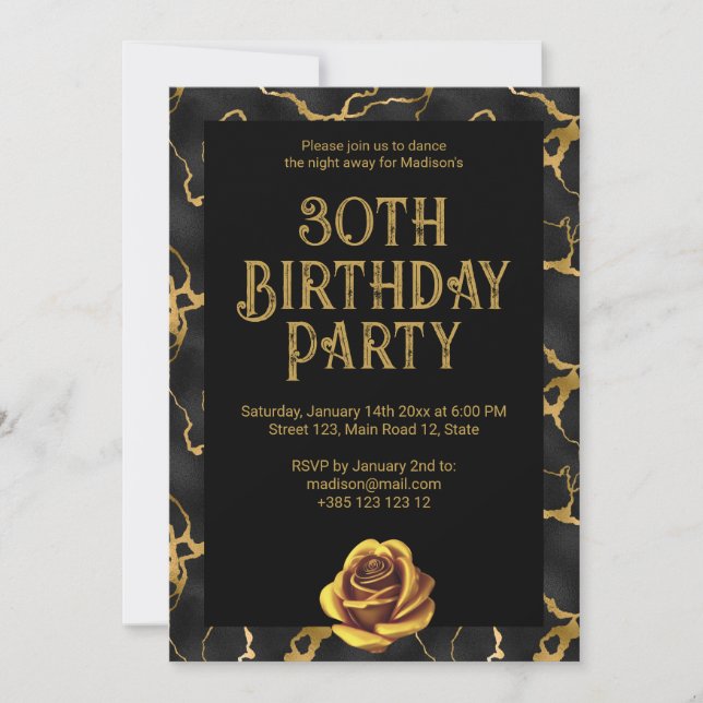 Black And Gold Marble Pattern Birthday Party Invitation (Front)