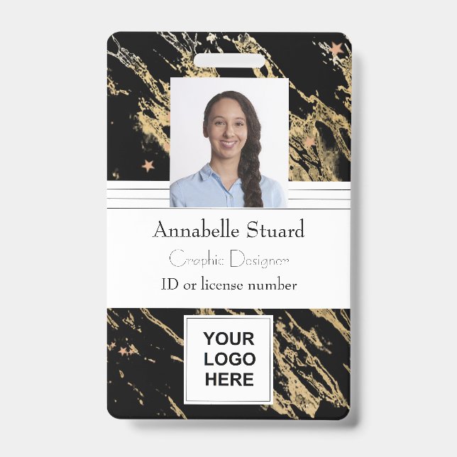 Black and gold marble simple minimal professional  ID badge (Front)