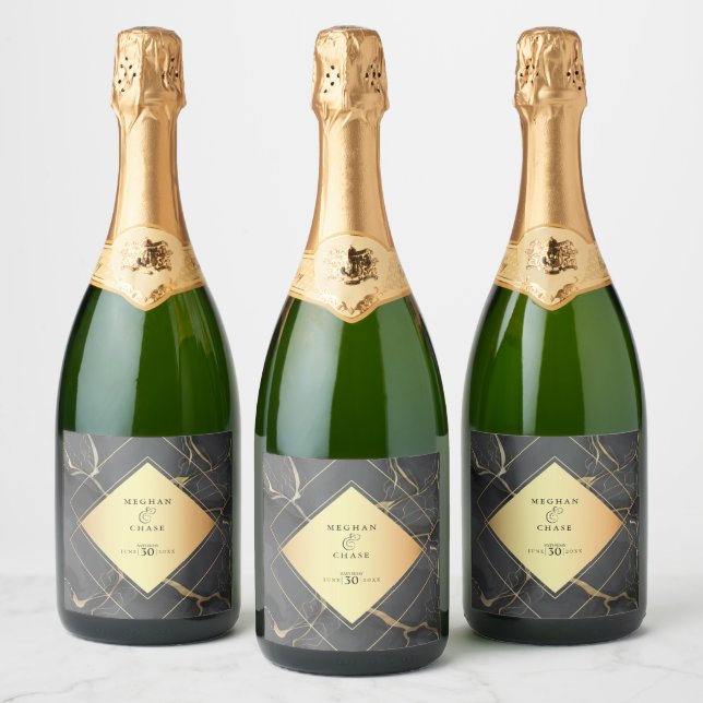 Black and Gold Marble Sparkling Wine Label (Bottles)