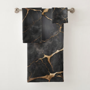 Black and Gold Marble Stone Texture Bath Towel Set