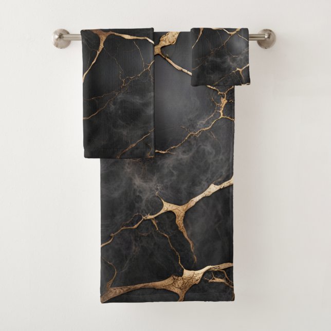 Black and Gold Marble Stone Texture Bath Towel Set (Insitu)
