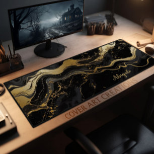 Black And Gold Marble Texture Personalised Desk Mat