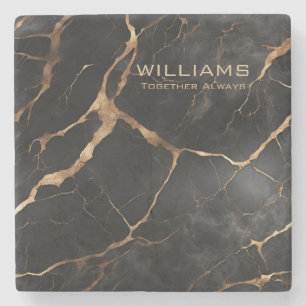 Black and Gold Marble Texture Personalised Stone Coaster