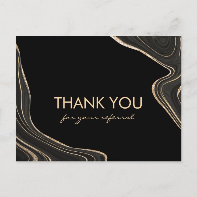 Black and Gold Marble Thank You For Your Referral  Postcard (Front)