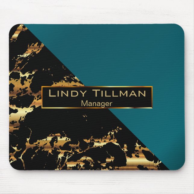 Black and Gold Marble with Dark Teal Mouse Mat (Front)