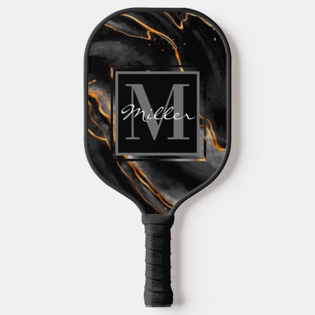 Black and Gold Marbled Monogram Name Customisable  Pickleball Paddle (Front)
