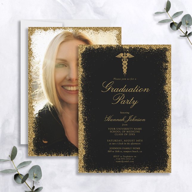 Black and Gold Medical School Photo Graduation Invitation (Creator Uploaded)