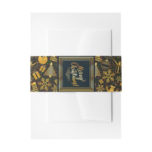 Black and Gold Merry Christmas Belly Band Invitation Belly Band (Front Example)