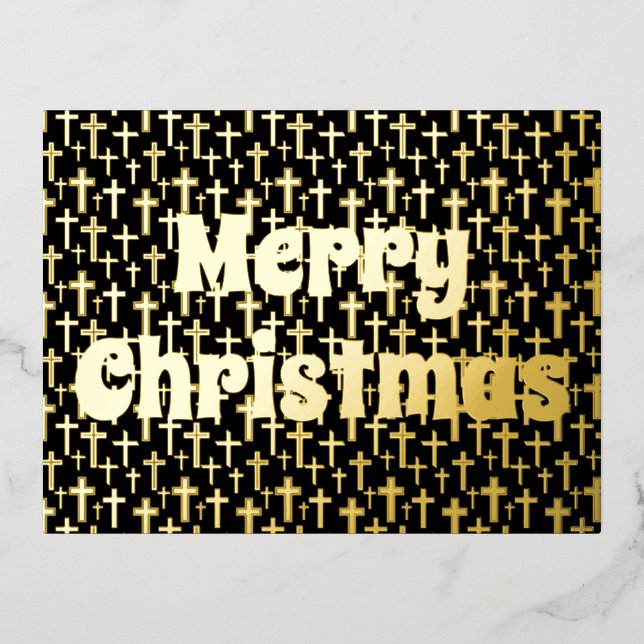 Black and gold Merry Christmas Jesus cross elegant Foil Holiday Postcard (Front)