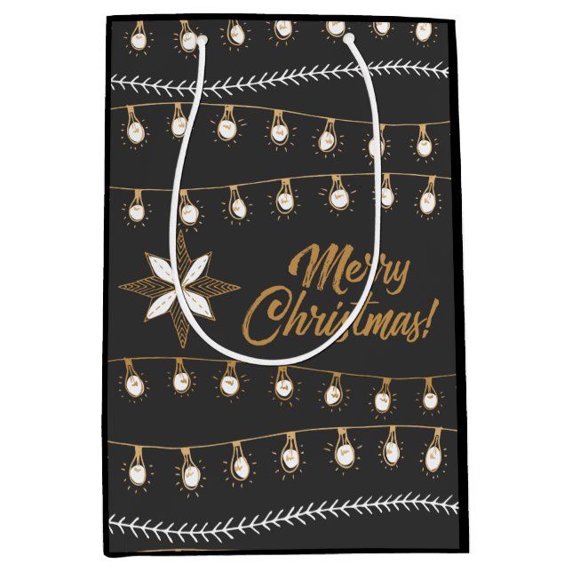 Black and Gold Merry Christmas Jingle Bells Medium Gift Bag (Front)