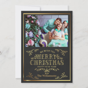 Black And Gold Merry Christmas New Year Photo Card