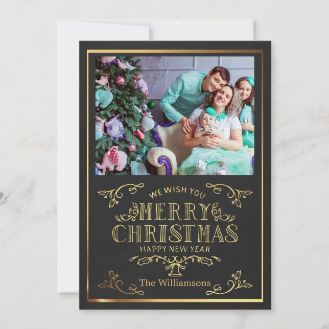 Black And Gold Merry Christmas New Year Photo Card (Front)