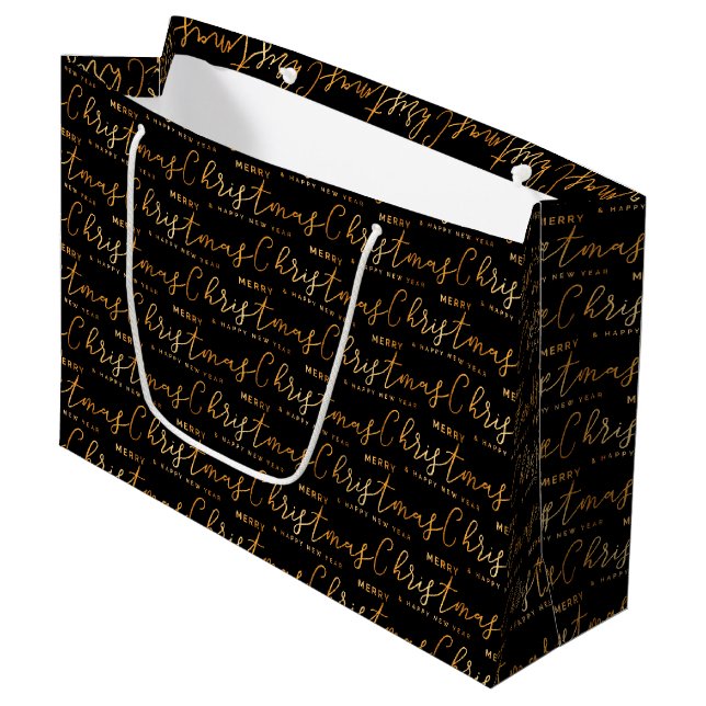 Black and Gold Merry Christmas Word Art Large Gift Bag (Front Angled)