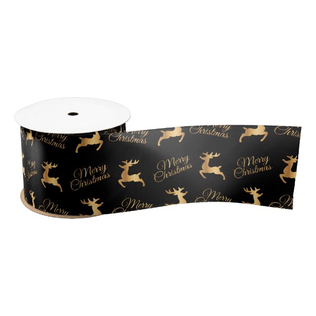 Black and Gold Merry Christmas Word Art Satin Ribbon (Spool)