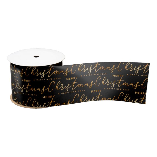 Black and Gold Merry Christmas Word Art Satin Ribbon (Spool)